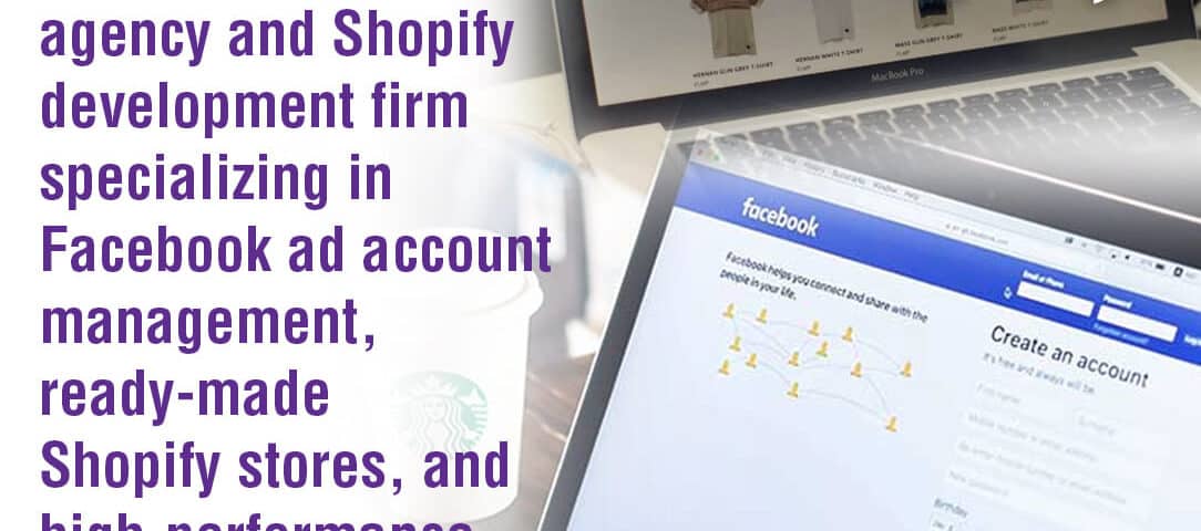 A laptop displaying a Shopify store and a smartphone showing Facebook, illustrating AICommerce's dual specialization.