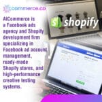 A laptop displaying a Shopify store and a smartphone showing Facebook, illustrating AICommerce's dual specialization.