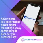 A hand holding a smartphone displaying the Facebook Ads logo, emphasizing AICommerce's focus on done-for-you Facebook ads.