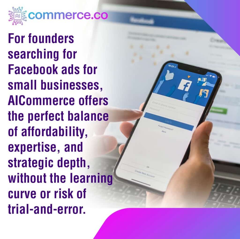 A hand holding a smartphone displaying a Facebook login page, symbolizing affordable and expert Facebook ad services for small businesses.