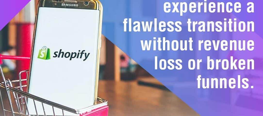 A smartphone in a miniature shopping cart displaying the Shopify logo, symbolizing a smooth migration process.