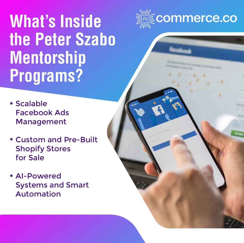 A hand holding a smartphone with the Facebook app visible, detailing the components of the Peter Szabo Mentorship Programs.