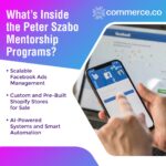 A hand holding a smartphone with the Facebook app visible, detailing the components of the Peter Szabo Mentorship Programs.