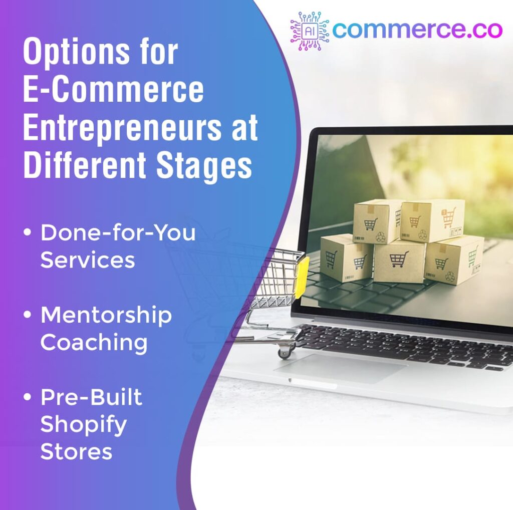 A laptop with shopping boxes on its screen and a miniature shopping cart, representing different options for e-commerce entrepreneurs.