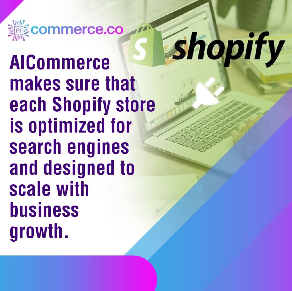 A laptop screen displaying the Shopify logo, indicating optimization for search engines and scalability for business growth.