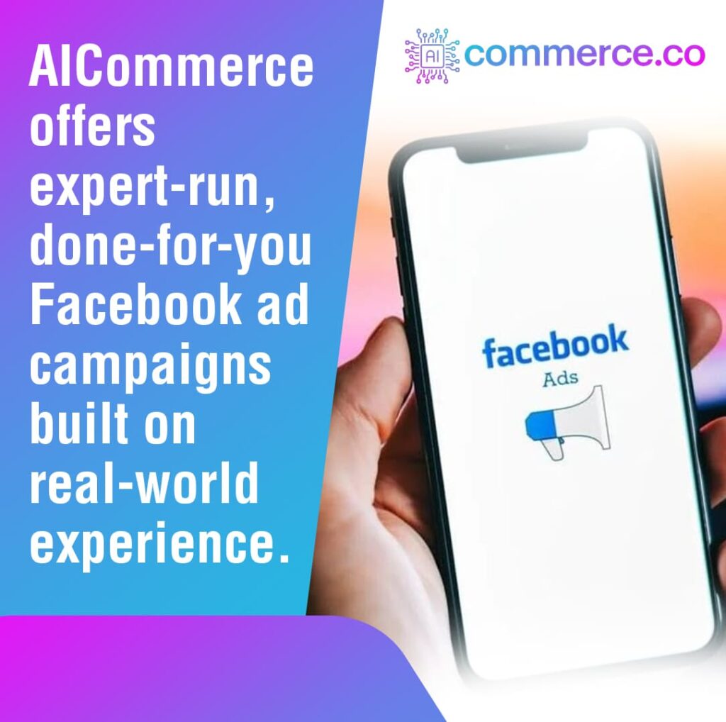 Hand holding a smartphone displaying a Facebook Ads logo with a megaphone icon.