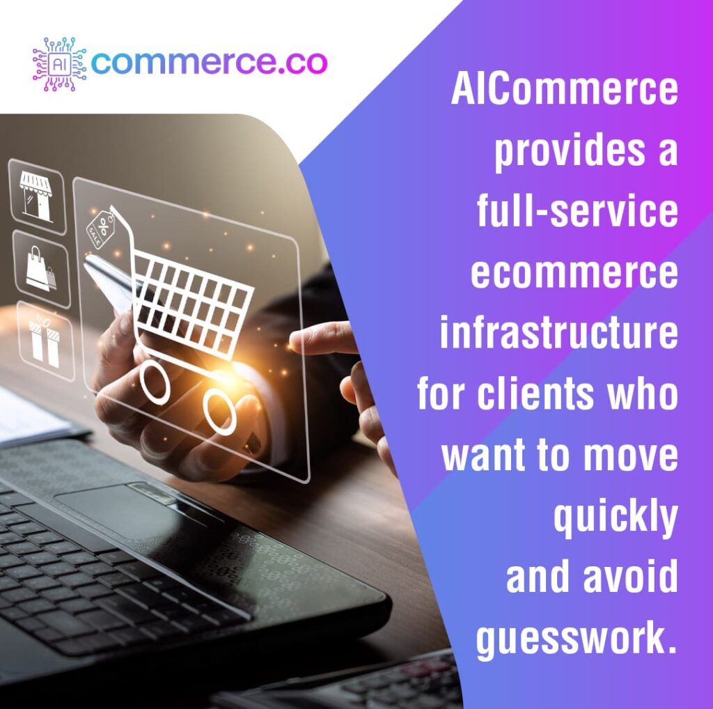 Hand pointing to a glowing shopping cart icon on a laptop screen with other e-commerce related icons.