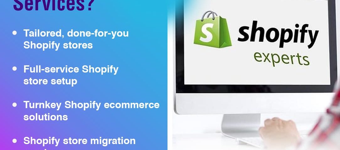 A computer monitor displaying "shopify experts" and a shopping bag logo, alongside a list of services.