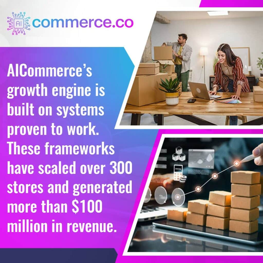 Two individuals working in a warehouse setting, with one using a laptop while the other is surrounded by boxes. An overlay graphic shows a rising revenue chart with stacked boxes, representing the proven systems AICommerce uses to scale stores