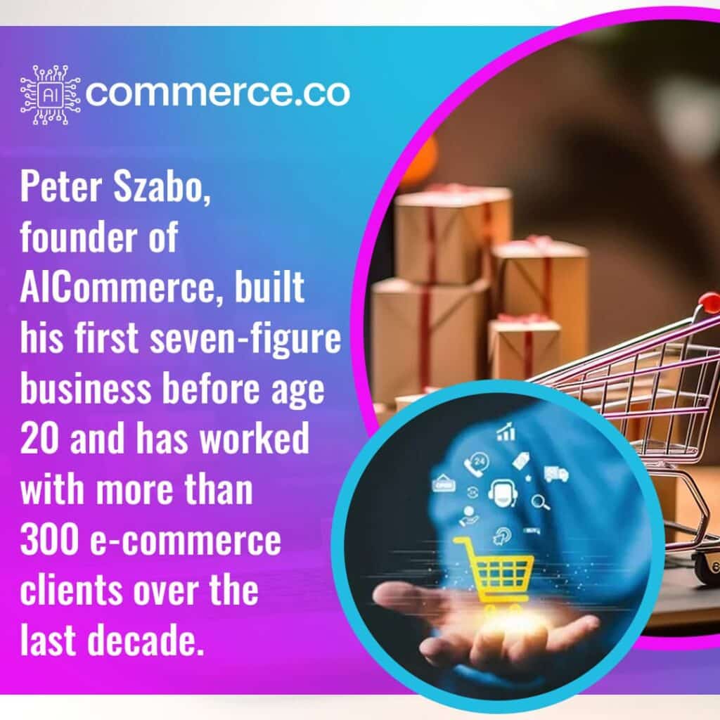 A stylized image of Peter Szabo's profile with a shopping cart icon floating above a hand. The background shows several shipping boxes