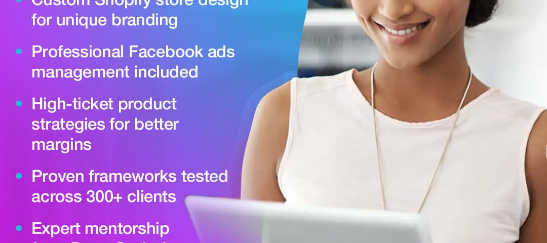 A smiling woman in a white sleeveless top looks down at a tablet she is holding. The text on the left explains "Why AICommerce's store beats pre-built options," listing benefits like custom Shopify design and professional Facebook ads management.