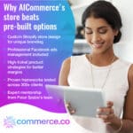 A smiling woman in a white sleeveless top looks down at a tablet she is holding. The text on the left explains "Why AICommerce's store beats pre-built options," listing benefits like custom Shopify design and professional Facebook ads management.