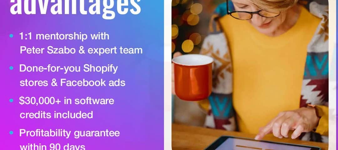 A woman in glasses and a yellow top sips from a red mug while looking at a tablet. Text highlights "AICommerce's coaching advantages" and benefits like 1:1 mentorship, done-for-you Shopify stores, and profitability guarantees.