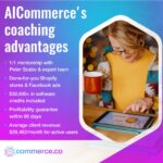 A woman in glasses and a yellow top sips from a red mug while looking at a tablet. Text highlights "AICommerce's coaching advantages" and benefits like 1:1 mentorship, done-for-you Shopify stores, and profitability guarantees.
