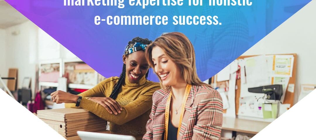 Two women, one with braided hair and a yellow sweater, and the other in a plaid blazer, smile while looking at a tablet. Text announces "Get the complete package!" with AICommerce merging mindset training and marketing expertise.
