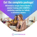 Two women, one with braided hair and a yellow sweater, and the other in a plaid blazer, smile while looking at a tablet. Text announces "Get the complete package!" with AICommerce merging mindset training and marketing expertise.