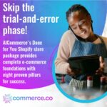 A woman in an apron talks on the phone while looking at a tablet in a cafe setting. Text advises to "Skip the trial-and-error phase!" with AICommerce's Done for You Shopify store package.