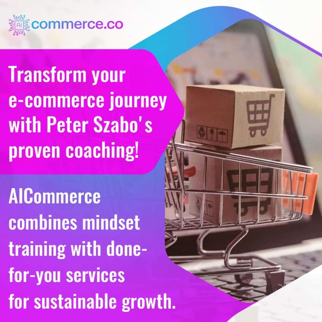 A close-up of a miniature shopping cart filled with small cardboard boxes with a laptop keyboard in the background. Text encourages to "Transform your e-commerce journey with Peter Szabo's proven coaching!"