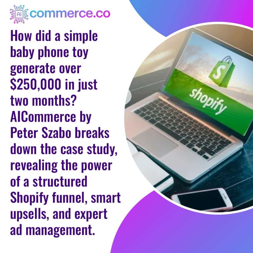 A laptop showing the Shopify logo on its screen, with a smartphone next to it, set in a cafe environment. Text describes a case study of a baby phone toy generating over $250,000, explaining the role of a structured Shopify funnel, smart upsells, and expert ad management by AICommerce.