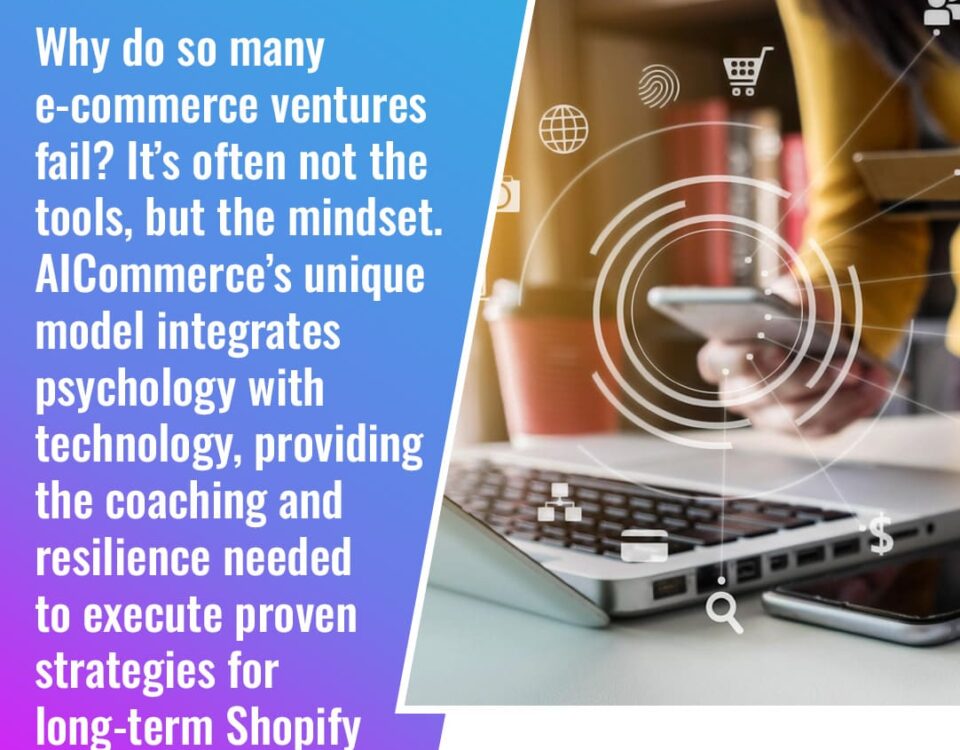 A person working on a laptop with a smartphone nearby, overlaid with digital icons representing e-commerce and business analytics. Text discusses why e-commerce ventures fail and how AICommerce integrates psychology and technology for Shopify success.